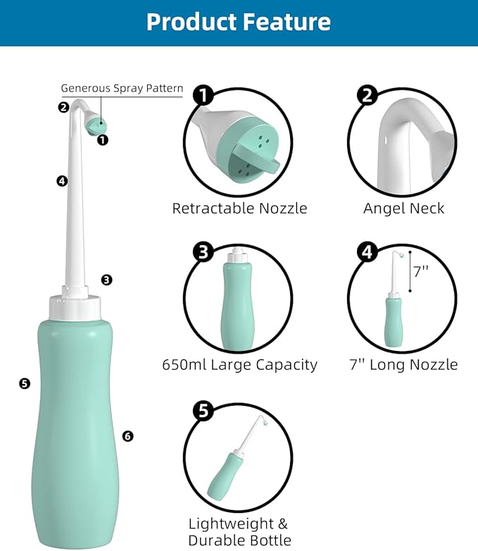 Hibbent 2 Pack 650ml Portable Bidet Sprayer for Women or Men, Handheld Travel Bidet for Personal Hygiene, Jet Spray Bottle for Toilet & Bathroom, Peri Bottle for Postpartum Care, Travel Bag, Green