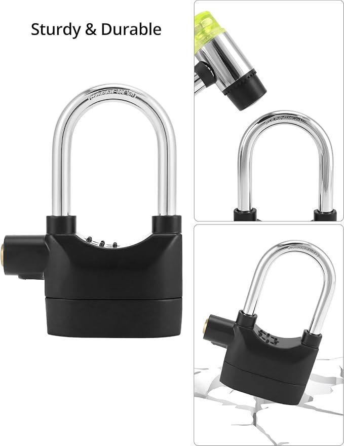 QWORK Alarm Lock, 110 Db Universal Security Alarm Lock System Burglar Door Motor Bike Padlock with 6 Keys (Black), 2 Pack