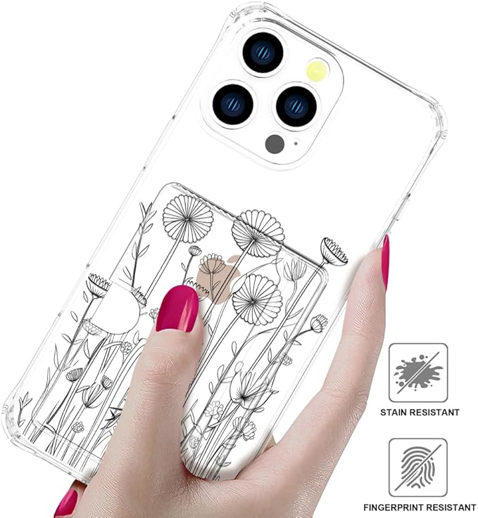 Compatible with iPhone 16 Pro Max Case Card Holder for Women Cute Design,Wallet Phone Cases Transparent Cool Kawaii Protective (Clear Black Flower Bouquet)
