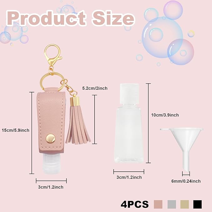 4 Pack Portable Travel Hand Sanitizer Keychain Holder with Funnel, Small Leather Empty Travel Size, 30ml Mini Hand Sanitizer with Refillable Bottle for Toiletry Shampoo Lotion Liquid Soap
