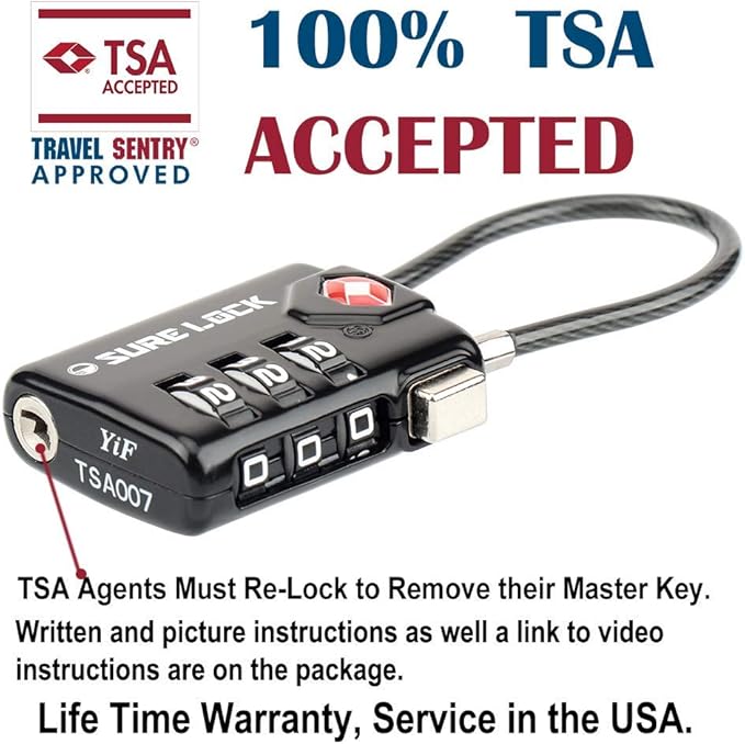 SURE LOCK TSA Approved Combination Luggage Locks with Open Alert Indicator – Durable Zinc Alloy Cable Travel Locks with Large Easy-Read Dials for Suitcases, Backpacks & Gym Bags(Black 6 Pack