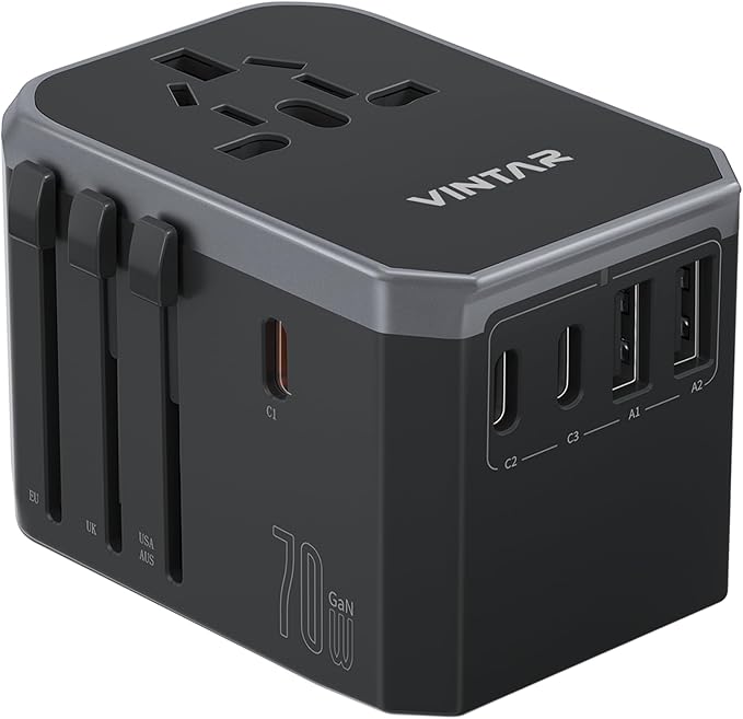 Universal Travel Adapter, VINTAR 70W GaN International Power Adapter with 5 USB Ports (3 USB-C), Worldwide Travel Plug Adaptor, All in One Travel Essentials Outlet Converter for UK/EU/USA/AUS, Black