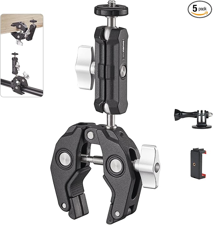 Super Clamp Camera Clamp Mount Monitor 360°Ballhead Magic Arm Double Ball Head Adapter with 1/4"-20 & 3/8"-16 Thread for Canon Nikon DSLR Camera/Gopro/LED Light Ronin-M/Ronin MX/FreeflyMOVI