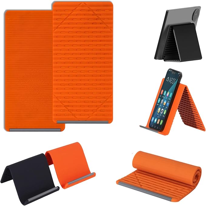 Portable Foldable Silicone Phone Holder, Universal Flexible Cell Phone Stand for Phone & Tablet, Fully Adjustable Cellphone Stand for Desk, Portable Airplane Gadgets Long Travel Essentials (Orange)