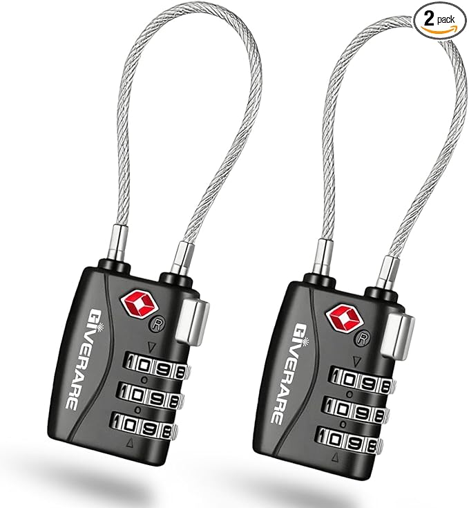 2 Pack TSA Approved Travel Luggage Locks, Long Cable Combination Lock Alloy, Metal Keyless 3-Digit Padlocks, Weatherproof TSA Accepted Padlock for Toolbox Gym Locker Golf Bag Case Backpack-Black