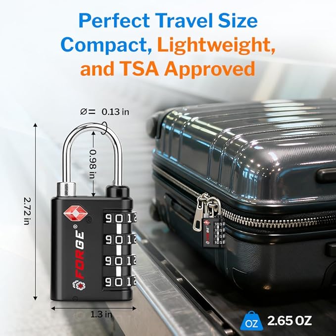 Forge Dual-Opening: Key or Combination Lock, TSA Approved Lock for Luggage, Pelican case, Travel, Gym, School, Luggage Combination Lock, Travel Bag Lock (Black 6 Pk)