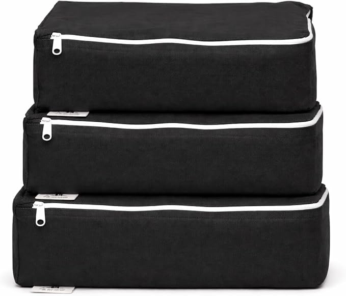Packing Cubes Bag Pure Canvas Travel Organizers (10"x7"x3x") with Durable YKK Zippers for Clothes, Shoes & Luggage Storage (Set of 3 SMALL, Black)