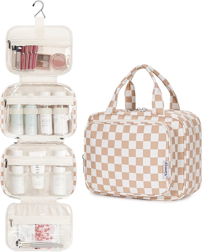 Narwey Hanging Toiletry Bag for Women Travel Makeup Bag Organizer Toiletries Bag for Travel Size Essentials Accessories Cosmetics (Light Checkerboard (Medium))