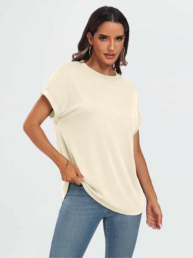 AUTOMET Women's Oversized Short Sleeve T Shirts Casual Drop Shoulder Rolled Cuff Summer Tops for Work, Travel and Lounge