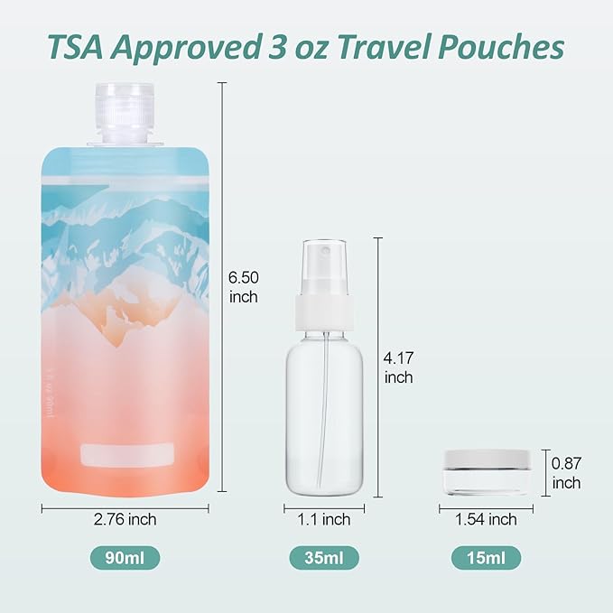 PACKISM 11 Pack Travel Pouches for Toiletries, 3 oz TSA Approved Liquid Containers, Leak Proof Squeeze Bags for Cruise & Camping, Space Saving Refillable Carriers, Active Mountain Cruise Ship
