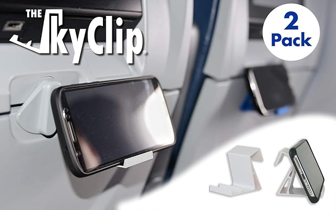 SkyClip Airplane Cell Phone Back of Seat Inflight Tray Table Clip and Sturdy Phone Stand, Compatible with iPhone, Android, Tablets, and Readers, Travel Must Have, White 2 Pack
