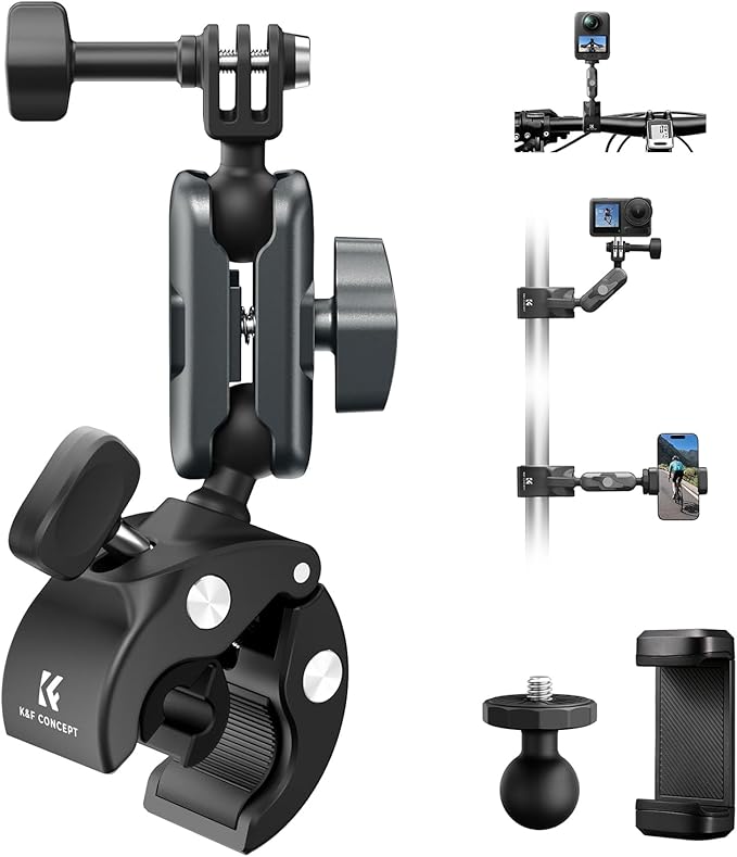K&F CONCEPT Super Clamp Camera Mount with 360° Dual Ball Head, Bike/Motorcycle Handlebar Mount Compatible with DJI Action 6/5/4/3, Hero 13/12/11/10, 360 X5 X4