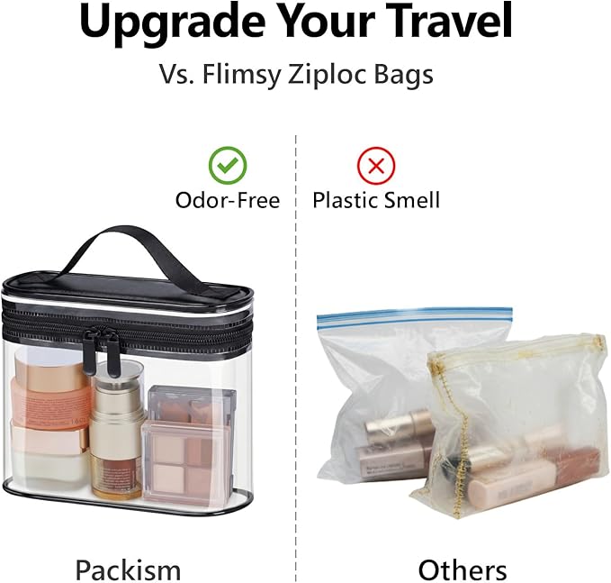 PACKISM TSA Approved Toiletry Bag 2 Pack - Quart Size Clear Makeup Bag with Handle & Dual Metal Zippers, Large Opening 3-1-1 Airline Compliant Security Travel Organizer for Carry On Liquids, Black