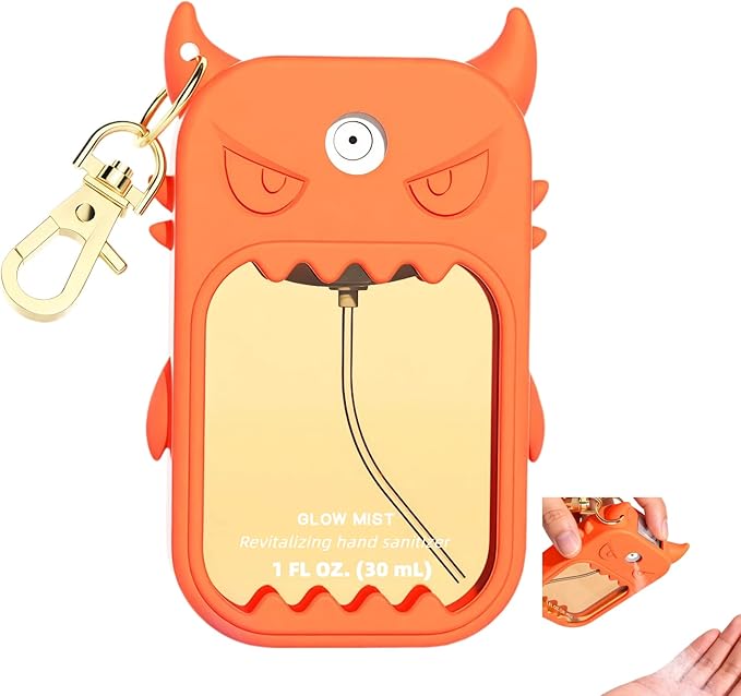 Hand Sanitizer Case Compatible with Touchland 1 Fl Oz, Cute Monster Silicone Spray Holder with Keychain for Bags, Orange