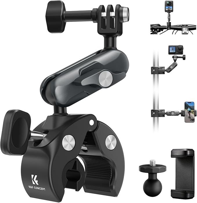 K&F CONCEPT Super Clamp Camera Mount with 360° Dual Ball Head, Bike/Motorcycle Handlebar Mount Compatible with DJI Action 6/5/4/3, Hero 13/12/11/10, 360 X5 X4