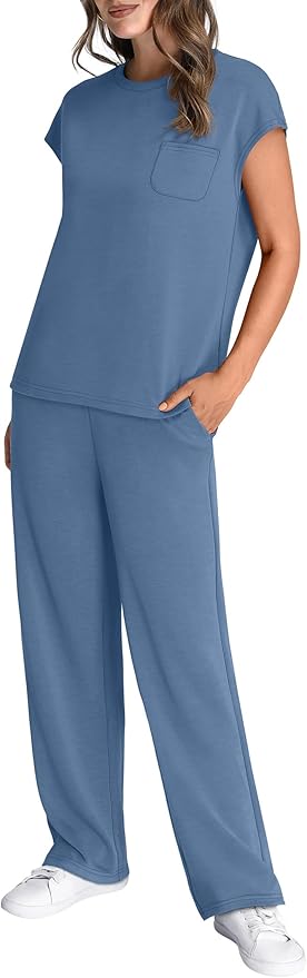 WIHOLL 2 Piece Sets for Women Casual Summer Travel Vacation Outfits Cap Sleeve Lounge Set
