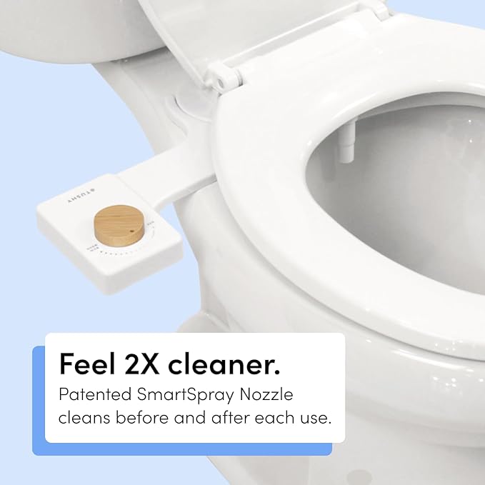 TUSHY Fresh Cool Water Bidet: Ultra Slim Toilet Seat Attachment (Non-Electric Self-Cleaning Hygienic Nozzle) Easy DIY Install <10 Min | Adjustable Water Pressure Control, Silver Knob