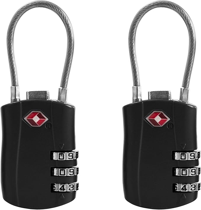 TSA Locks for Luggage, Small Padlock Combination with Cable, Luggage Locks TSA Approved, Combo Padlock with Code, for Travel Suitcase, Gym Locker, Gun Case, Backpack Zipper (Black+Black)