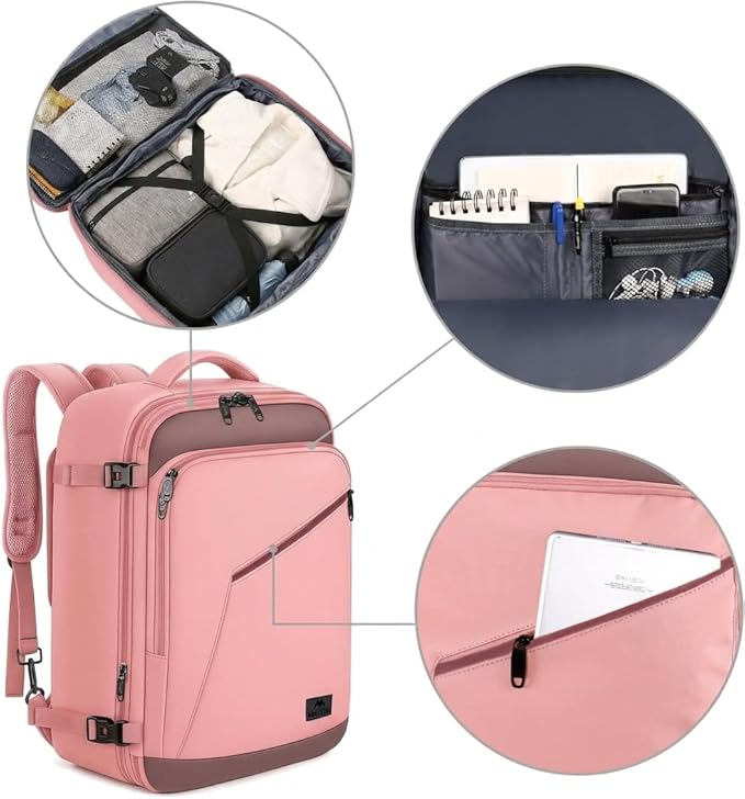 MATEIN Pink Travel Backpack for Women, 40L Water Resistant Carry on Backpack Flight Approved with Chest Strap, Large Travelling Bag for Womens, Cute Casual Daypack for Overnight, Outdoors