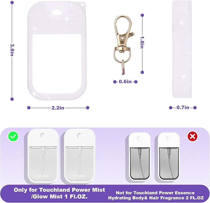 Palksky Hand Sanitizer Spray Glitter Case for Touchland,Silicone Case with Keychain for Power Mist and Glow Mist 1 fl oz(Glitter Sequin Purple),Travel Size