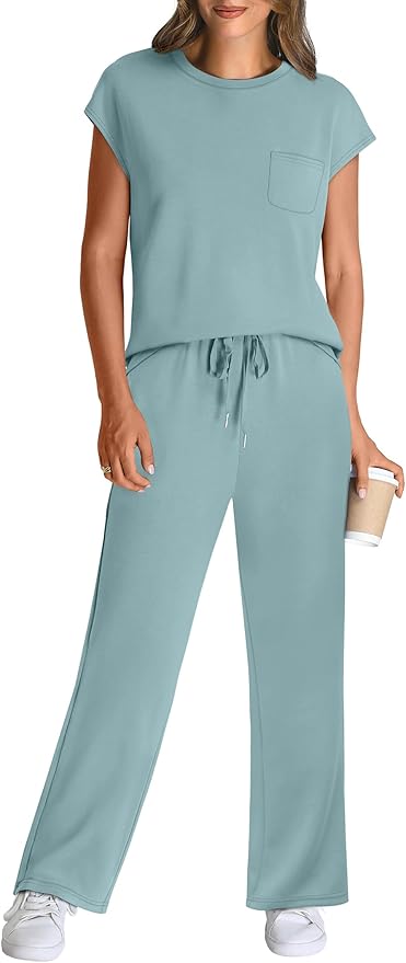 WIHOLL 2 Piece Sets for Women Casual Summer Travel Vacation Outfits Cap Sleeve Lounge Set