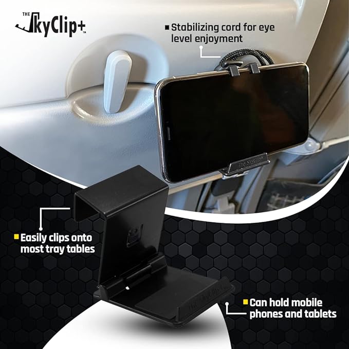 The SkyClip+ Phone & Tablet Holder for Air Travel, Home and Office Use - Inflight Phone Mount & Stand Compatible with iPhone, Android, Kindle and Tablets - Travel Accessory (Black & Black, 2 Pack)
