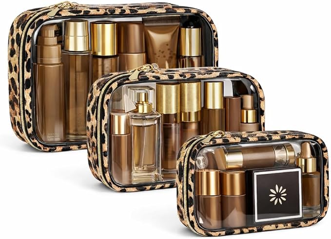 Clear Makeup Bags with Zipper, TSA Approved Travel Toiletry Bag, 3-Pack (Large, Small & Mini) Clear Cosmetic Bag, Waterproof Make Up Bag for Women, Car Bag Organizer & Car Organization Essentials