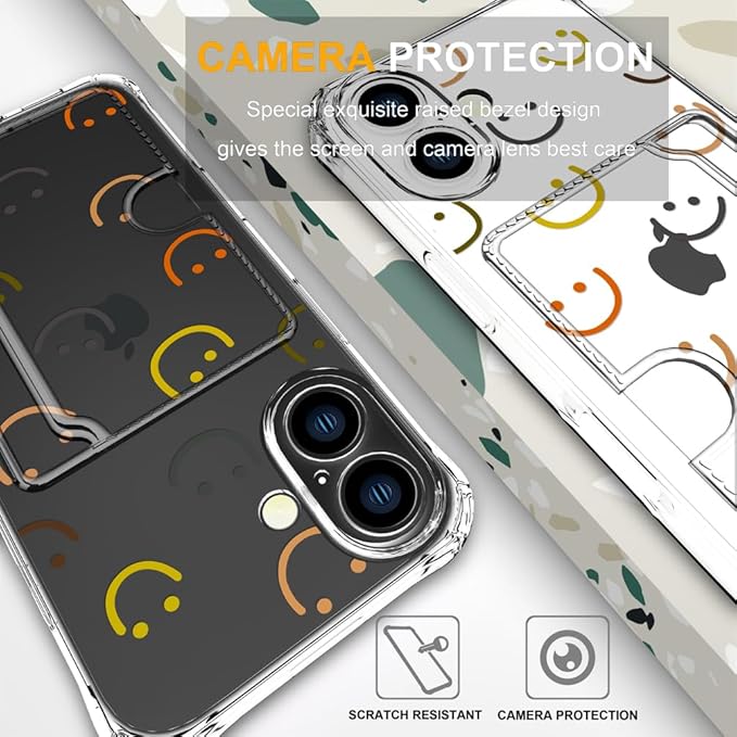 Compatible with iPhone 16 Case Card Holder for Women Cute Design,Wallet Phone Cases Transparent Cool Kawaii Protective (Clear Smiley Face)