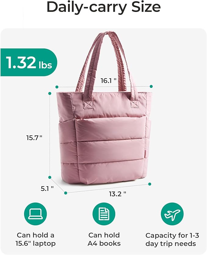 BAGSMART Tote Bag for Women, Lightweight Puffy Tote Bag with Compartments Shoulder Bag Handbag for Travel, Work, Gym | Lightweight, Puffy, Quilted, for Travel, Work