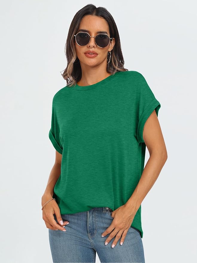 AUTOMET Women's Oversized Short Sleeve T Shirts Casual Drop Shoulder Rolled Cuff Summer Tops for Work, Travel and Lounge