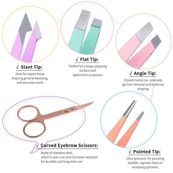 TsMADDTs 6 pcs Tweezers Set for Women, Eyebrow Tweezers with Curved Scissor for Ingrown Hair, Hair Plucking Daily Beauty Tools with Leather Travel Case
