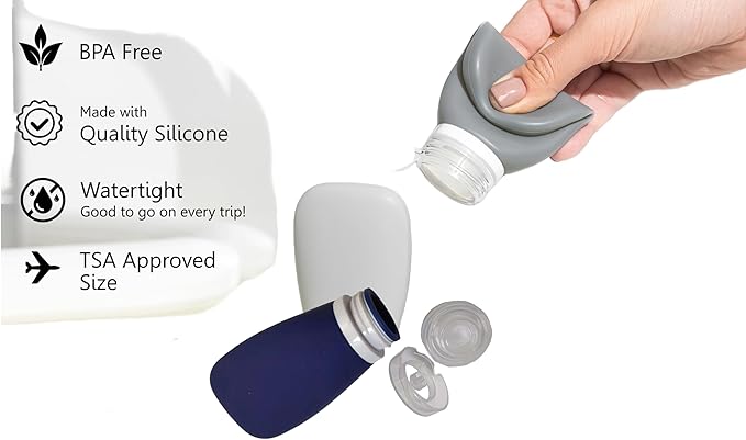 Travel Bottles for Toiletries, TSA Approved 3oz (90ml) Leak Proof Silicone Refillable Squeeze Travel Size Containers BPA Free Air Travel for Shampoo, Lotions, 3-pk (Pink-White-Teal)