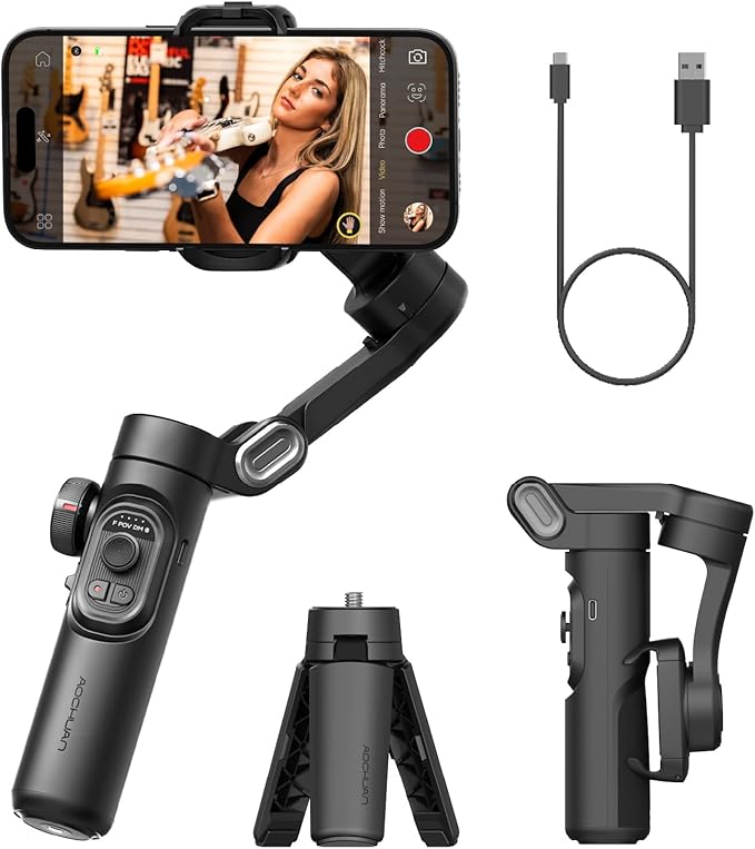 AOCHUAN Phone Gimbal Stabilizer 3-Axis Smartphone Foldable Handheld Gimbal for iPhone with Focus Wheel TikTok YouTube Vlog Stabilizer for iPhone17 16 15 14 13 Pro Max Android-Smart XE