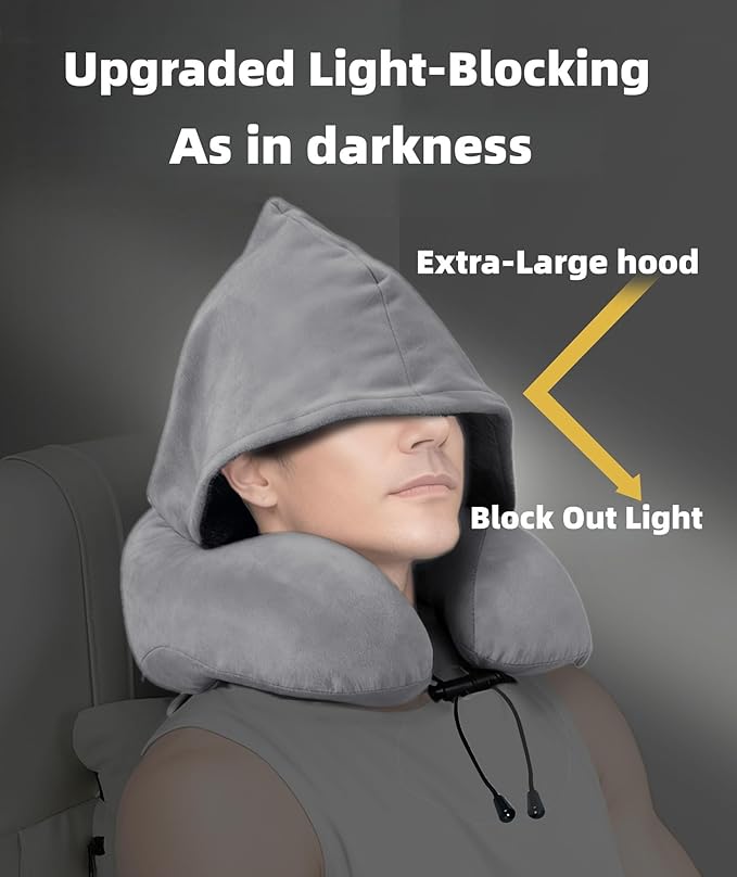 Travel Neck Pillow with Extra Large Hood Rollable Airplane Hooded Neck Pillow with Memory Foam Filling and Removable, Skin-Friendly Cover with Carrying Case & Pouch (Velvet)