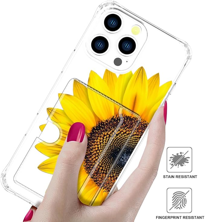 Compatible with iPhone 16 Pro Case Card Holder for Women Cute Design,Wallet Phone Cases Transparent Cool Kawaii Protective (Clear Sunflower Sun Flower)