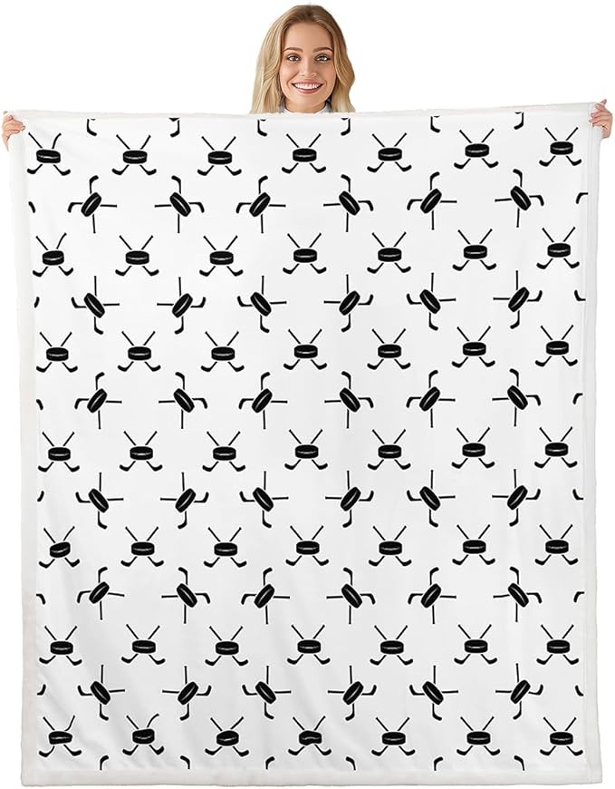 Ice Hockey Kids Throw Blanket,Winter Ball Sports Games Competition Bed Blanket for Girls Boys Adults,Simple Modern Fashion Fleece Blanket,Black White Fuzzy Blanket,Throw Size (50 x 60 Inches)