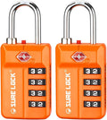 SURE LOCK TSA Approved 4-Digit Resettable Combination Luggage Locks with Open Alert, Easy-Read Dials - for Luggage, School Lockers, Gym, Office, Toolbox & Security Cases (Orange 2 Pack)