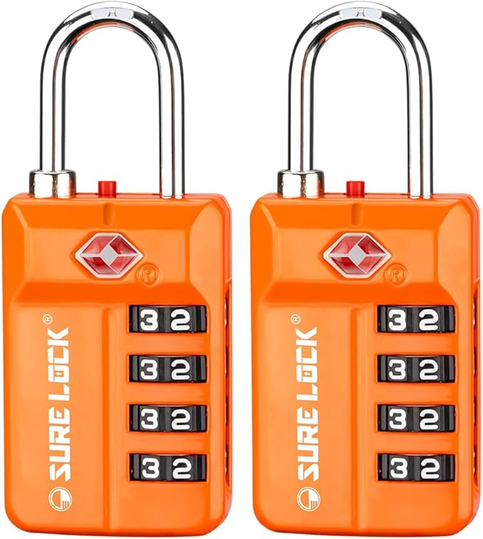 SURE LOCK TSA Approved 4-Digit Resettable Combination Luggage Locks with Open Alert, Easy-Read Dials - for Luggage, School Lockers, Gym, Office, Toolbox & Security Cases (Orange 2 Pack)