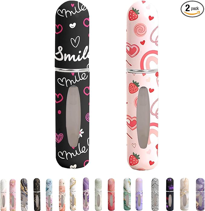 Refillable Perfume Atomizer Travel Bottles– Portable Leakproof Mini Sprayer for Cologne & Essential Oils, Plastic Empty Perfume Bottles with Unique Patterns,2 Pcs(Black and Pink Lover Set)