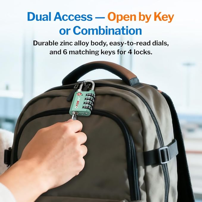 Forge Dual-Opening: Key or Combination Lock, TSA Approved Lock for Luggage, Pelican case, Travel, Gym, School, Luggage Combination Lock, Travel Bag Lock (4 Colors 4 Pk)