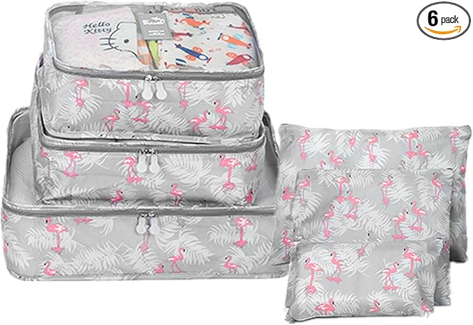 6 Set Packing Cube Luggage Organizer Pouch, Travel Storage Bags Organizer Set, Clothes Packing Cubes Laundry Pouch Suitcase Organizer Bags for Travel Carry On Luggage Packing (Blue Flamingo)