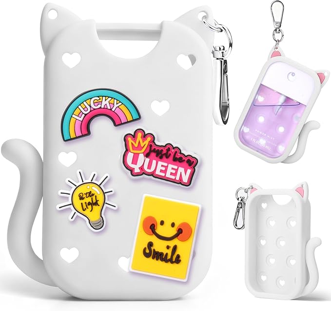 Juome Silicone Case for Touchland Hand Sanitizer Spray with Keychain & Charms, Cat Protective Holder Compatible with Touchland Power Mist & Glow Mist 1 FL Oz/30ML,Travel Cover Sleeve Accessory (White)