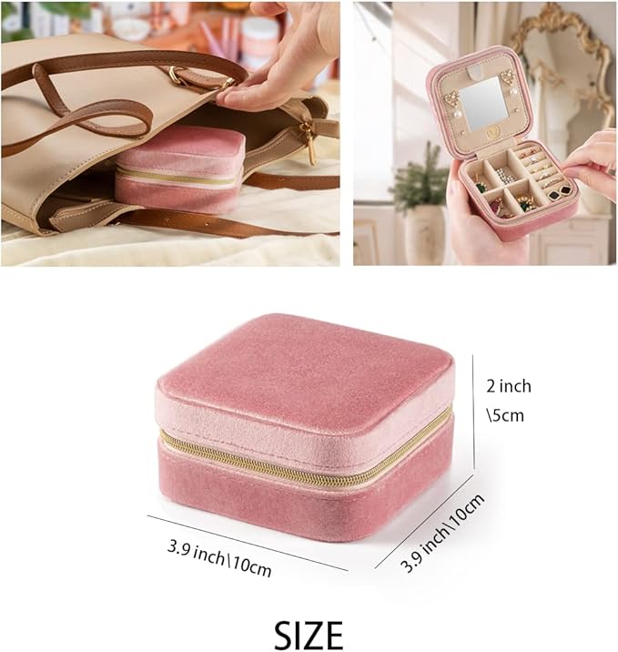 ZPROW Plush Velvet Travel Jewelry Case, Travel Jewelry Organizer, Jewelry Travel Case, Travel Jewelry Box, Small Jewelry Case, Jewelry Travel Box, Earring Organizer with Mirror - LightGreen