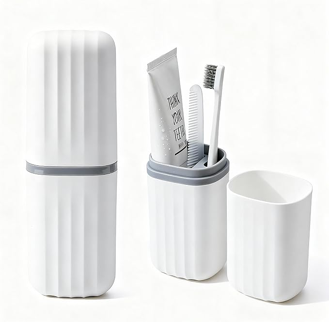 2-in-1 Travel Toothbrush Holder, Dustproof Toothbrush Travel Case with Mouthwash Cup, Portable Toothpaste Toothbrush Container for Traveling School Camping Business Trip Bathroom