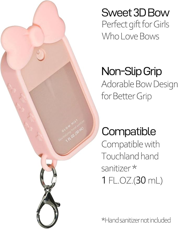 Silicone Bow Case Compatible with Touchland Hand Sanitizer Spray 1 oz (30 mL), Cute Holder with Keychain Clip, Gift for Girls