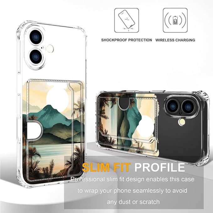 Compatible with iPhone 16 Plus Case Card Holder for Women Cute Design,Wallet Phone Cases Transparent Cool Kawaii Protective (Clear Ocean Sun Mountains Sunset)