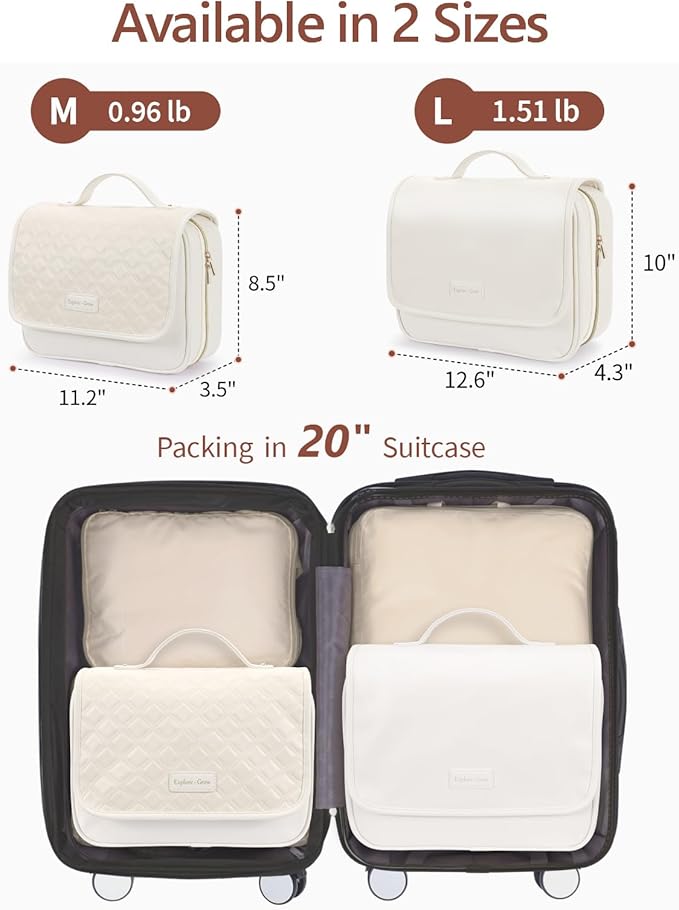 PACKISM Hanging Travel Toiletry Bag for Women - Quilted Plaid PU Leather Travel Makeup Bag with Detachable Bag, Waterproof Cosmetic Bag for Full-Sized Toiletries Fit Bathroom Cruise, Off-white (M)