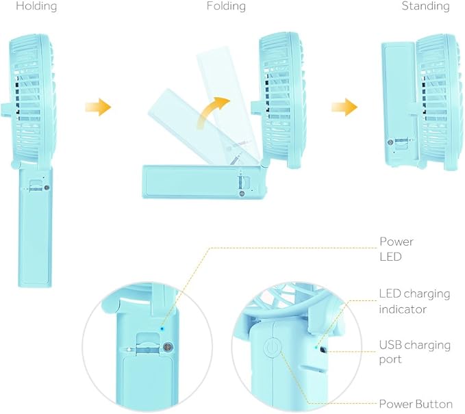 EasyAcc Mini Handheld Fan, USB Desk Fan Small Personal Portable Stroller Table Fan with Rechargeable Battery Operated Cooling Folding Electric Fan 3-10H Working Hours for Travel Office Outdoor
