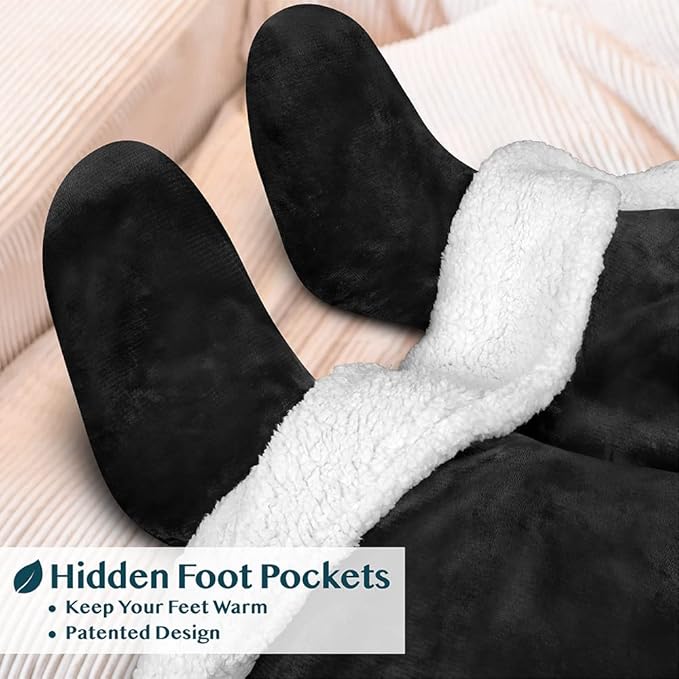 PAVILIA Sherpa Blanket with Sleeves, Foot Pocket for Women Men Adults, Thick Wearable Blanket Throw Wrap, Fleece Warm Snuggle Blanket Robe, Cozy Gift Ideas Wife Mom, Black