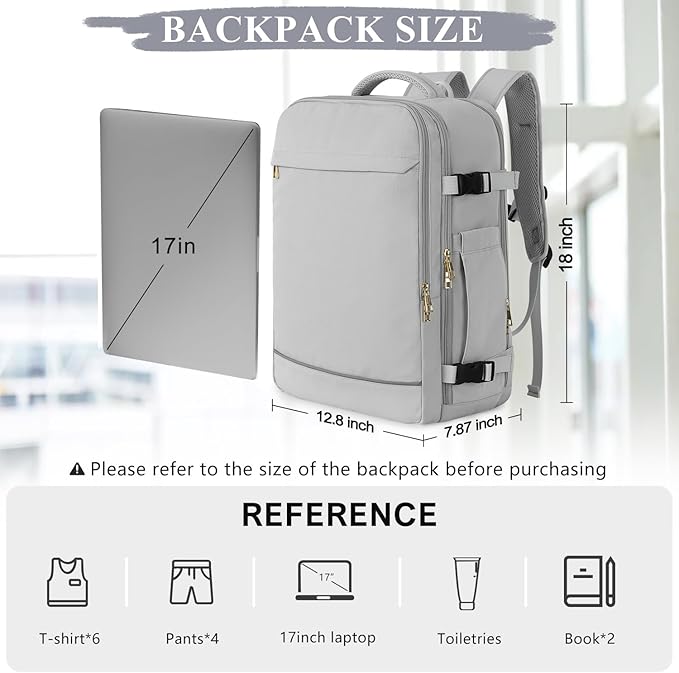 Sinaliy Travel Backpack, 40L 17 inch Laptop Travel Backpack Carry on Flight Approved, Personal Item Travel Bag, Waterproof Backpack for College, Business, Weekend, Work, Gray